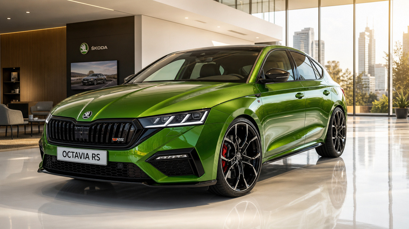 Carro verde Škoda Octavia RS estacionado em showroom moderno com vidro panorâmico ao fundo.