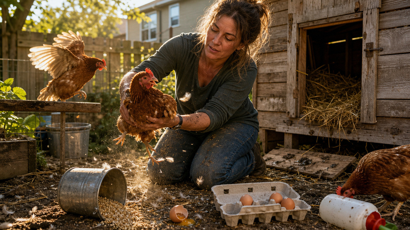 Mulher recolhendo galinhas e ovos em galinheiro rústico ao entardecer, cenário campestre e natural.