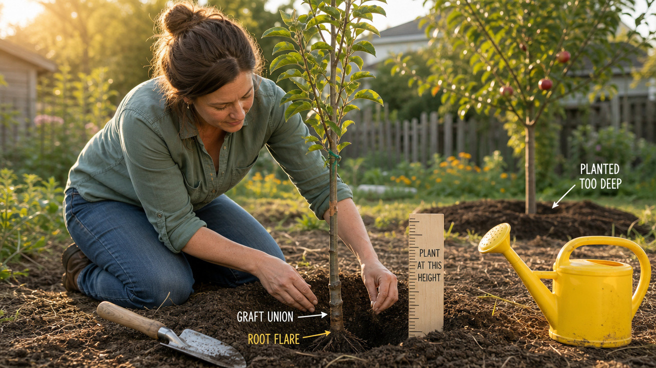 Mulher plantando árvore com regador amarelo e ferramenta, demonstrando profundidade correta do plantio.