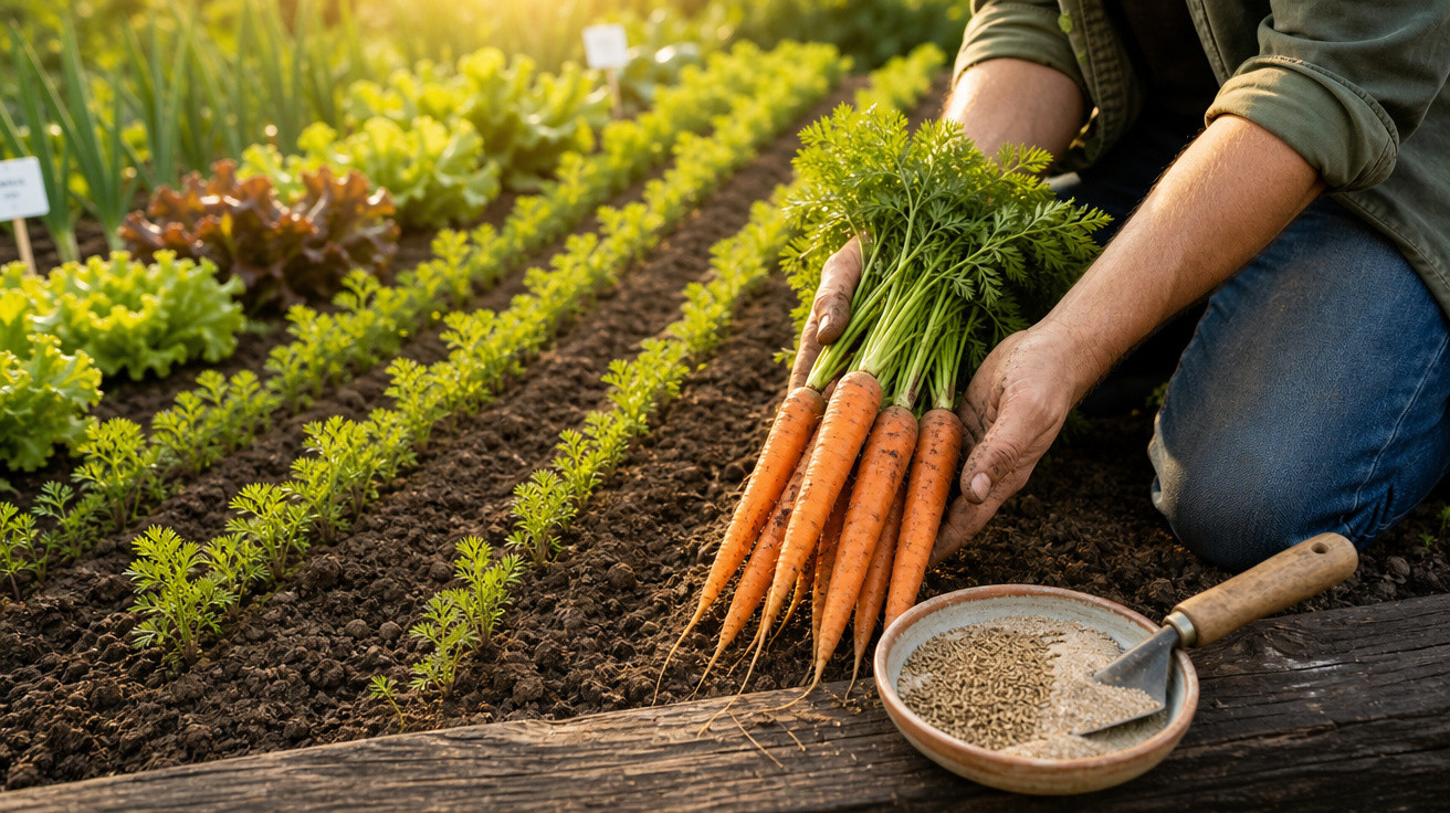 Pessoa colhendo cenouras frescas numa horta com fileiras organizadas de vegetais e sementes em um prato.