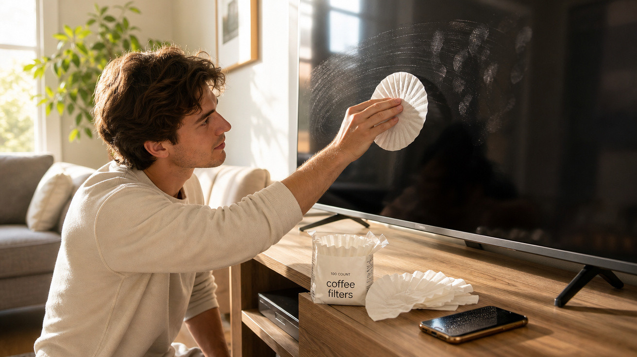 Homem limpando manchas de dedo na tela da TV com filtro de café em sala de estar.