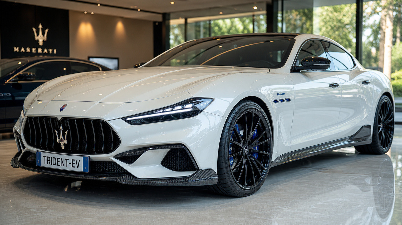 Carro esportivo branco Maserati Trident-EV em showroom moderno com vidros amplos e piso refletivo.