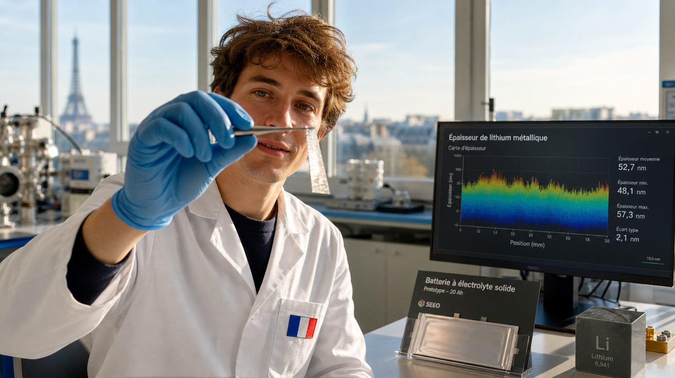 Homem com jaleco branco e luvas azuis segura amostra de material em laboratório com gráficos no fundo.