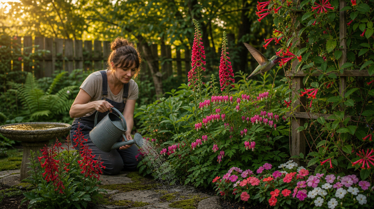 Mulher regando flores coloridas em jardim ao entardecer, com beija-flor voando próximo.