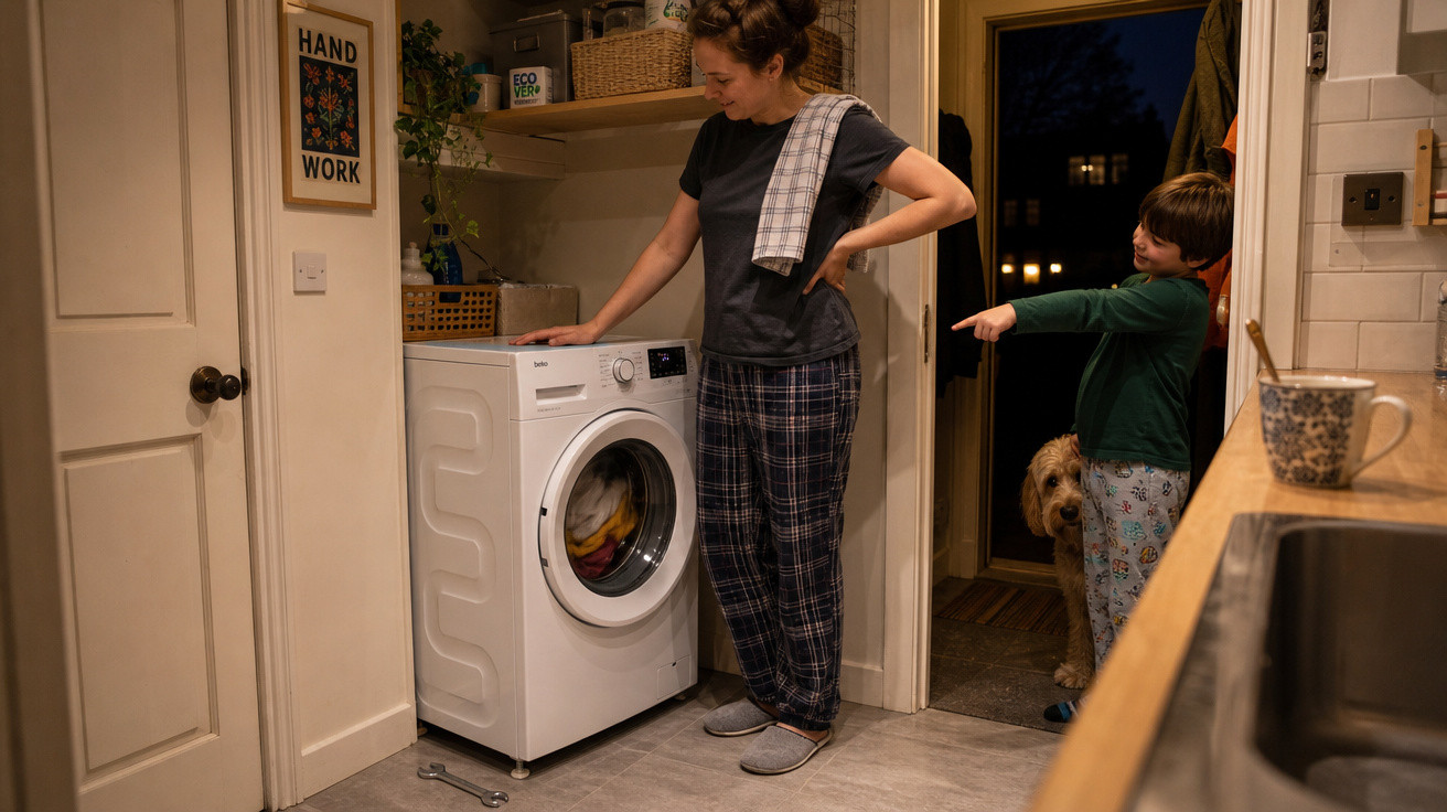 Mulher observa máquina de lavar roupa enquanto criança aponta para um cachorro em uma porta aberta.