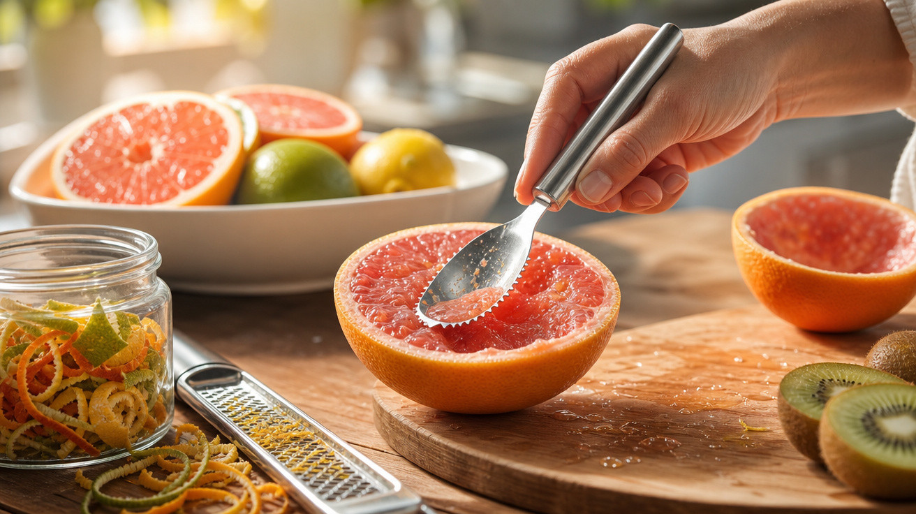 Pessoa usando colher para retirar polpa de metade de toranja sobre tábua de madeira com frutas ao redor.