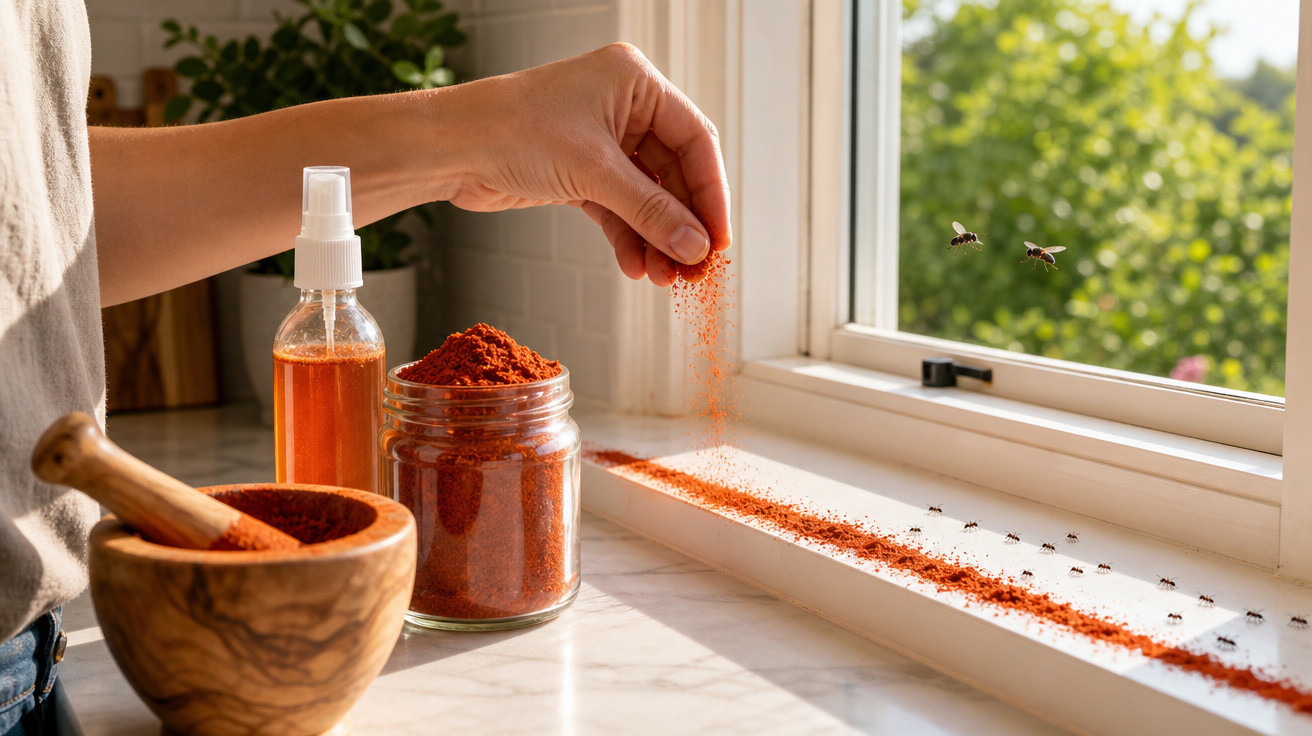 Pessoa espalhando pó vermelho perto de janela para afastar formigas e abelhas no ambiente interno.