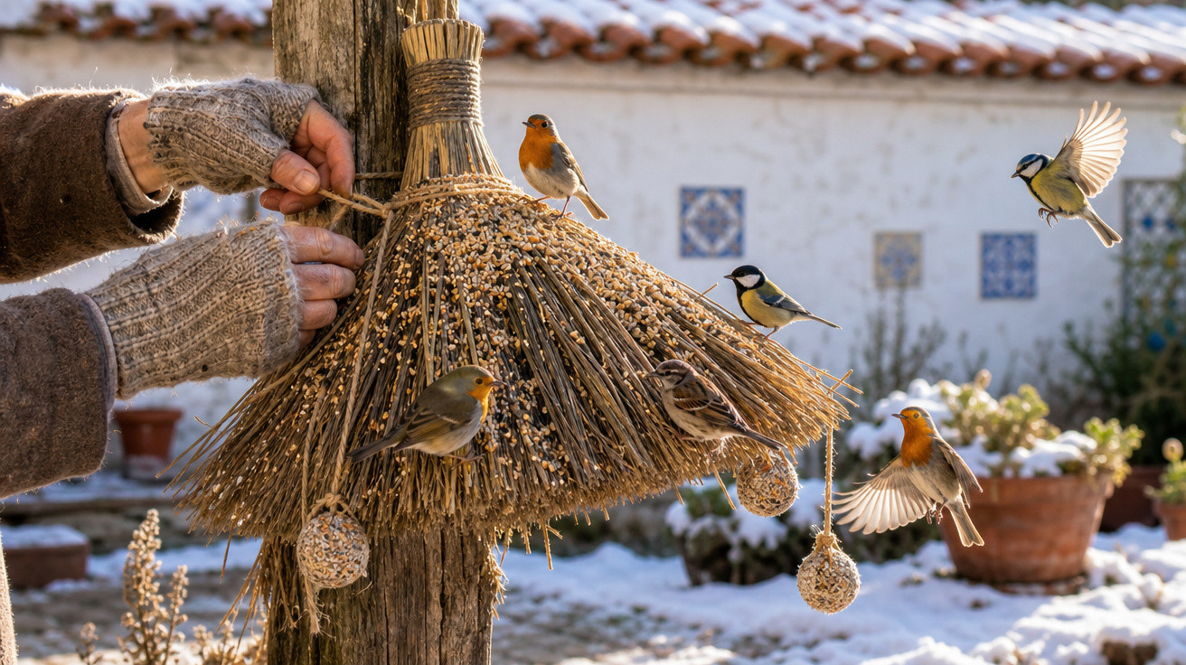 Mãos com luvas de lã ajustam comedouro artesanal de sementes para pássaros em jardim com neve.