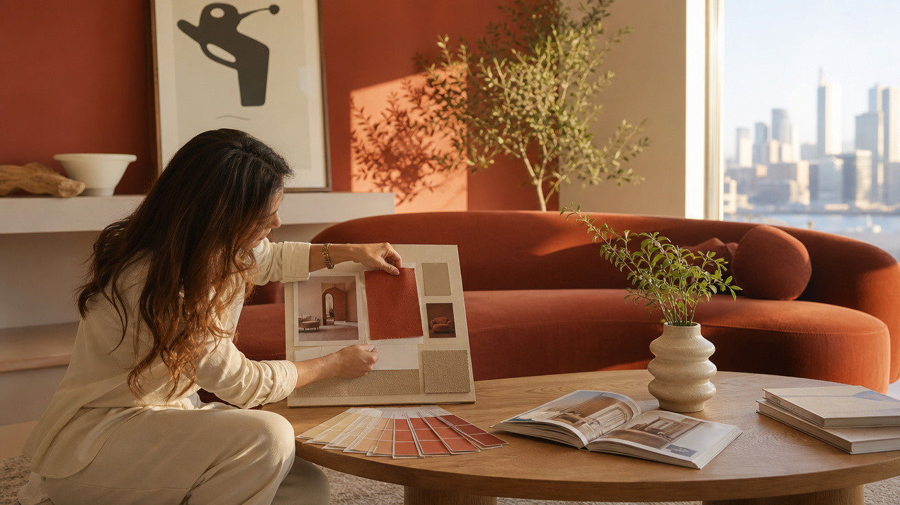 Mulher escolhendo amostras de cores para decoração em sala com sofá vermelho e planta sobre mesa de madeira.