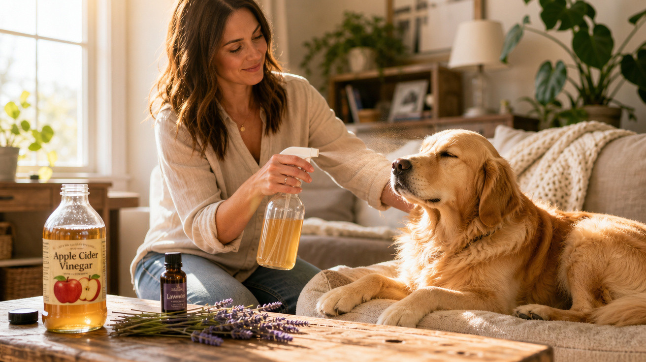 Mulher borrifando solução caseira de vinagre de maçã e lavanda em cachorro dourado relaxado no sofá.