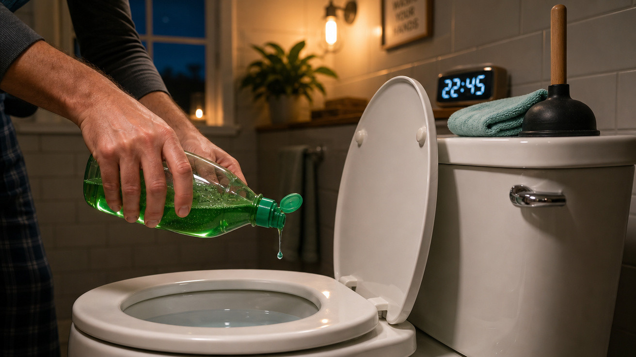 Pessoa despejando produto de limpeza verde no vaso sanitário aberto em banheiro à noite às 22h45.