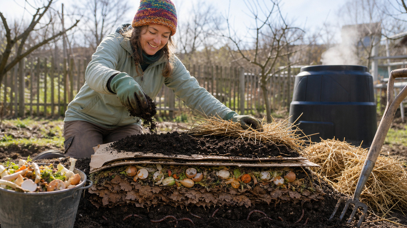 Mulher sorridente preparando compostagem com terra, folhas e restos orgânicos em horta ao ar livre.