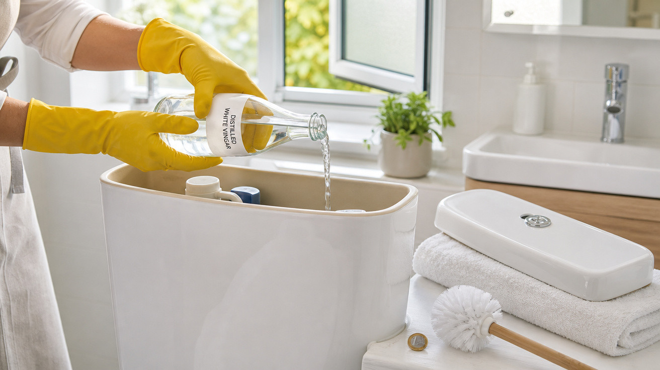 Pessoa com luvas amarelas despejando vinagre branco em tanque de descarga de vaso sanitário em banheiro claro.