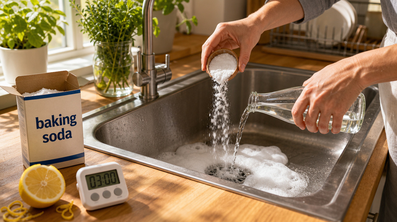 Pessoa despejando bicarbonato de sódio e água na pia da cozinha para limpeza, com limão e timer ao lado.