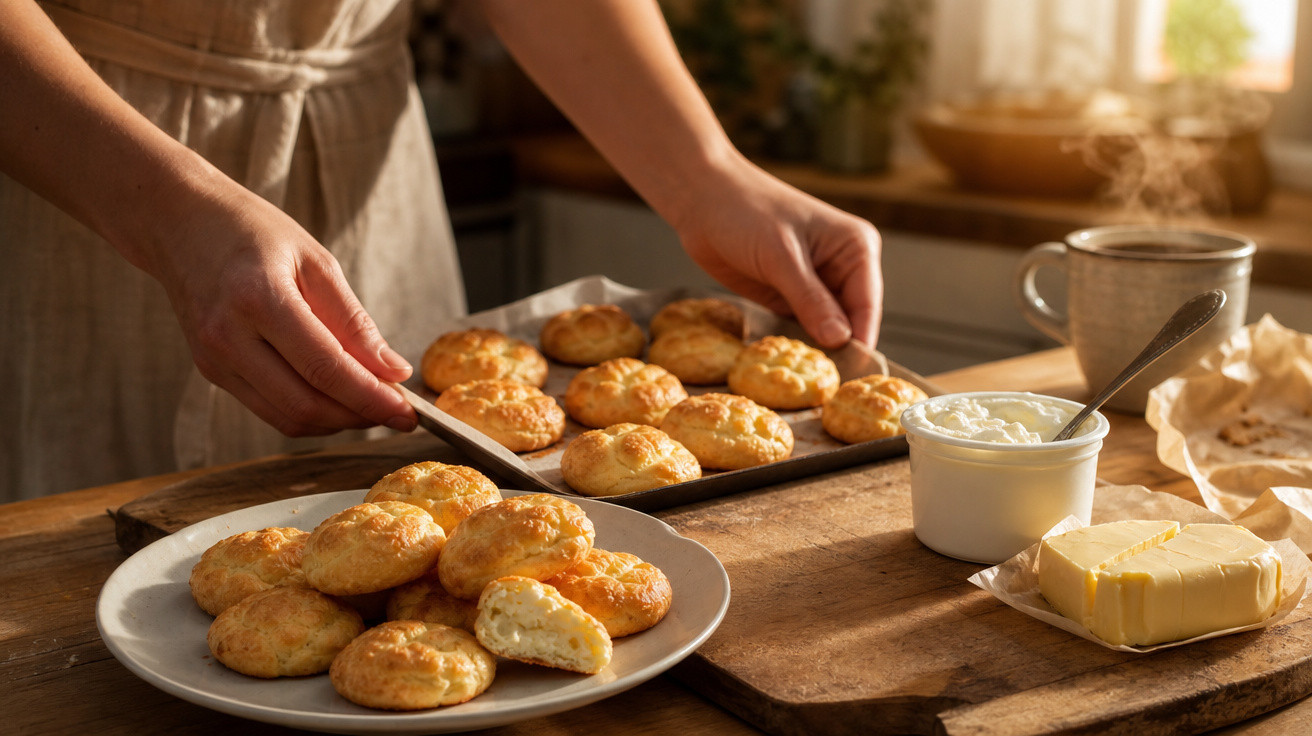 Pessoa retirando pães de queijo assados de forma, com manteiga e requeijão na mesa de madeira.