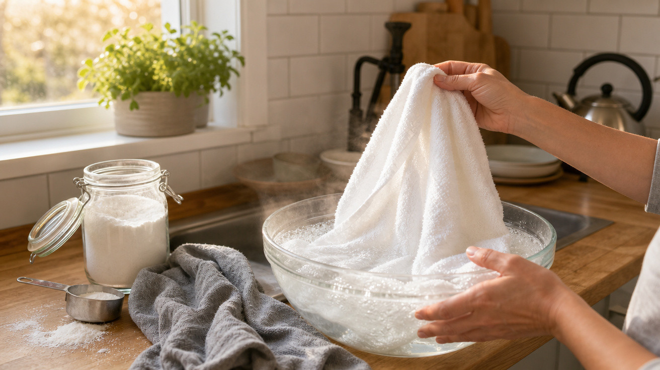 Pessoa lavando um pano branco em uma bacia com água espumante em uma cozinha clara e organizada.