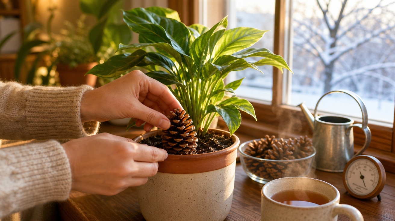 Mãos colocando pinha em vaso com planta em janela com regador, xícara de chá e umidificador.