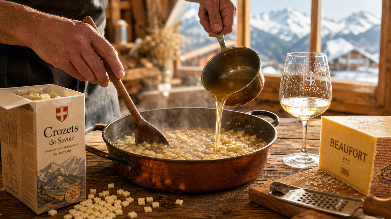 Pessoa cozinhando crozets em panela de cobre com queijo Beaufort e taça de vinho branco em fundo com montanhas.