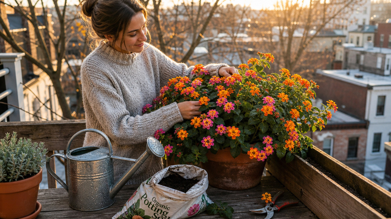 Mulher cuidando de flores laranja e rosa em vaso grande na varanda ao entardecer.