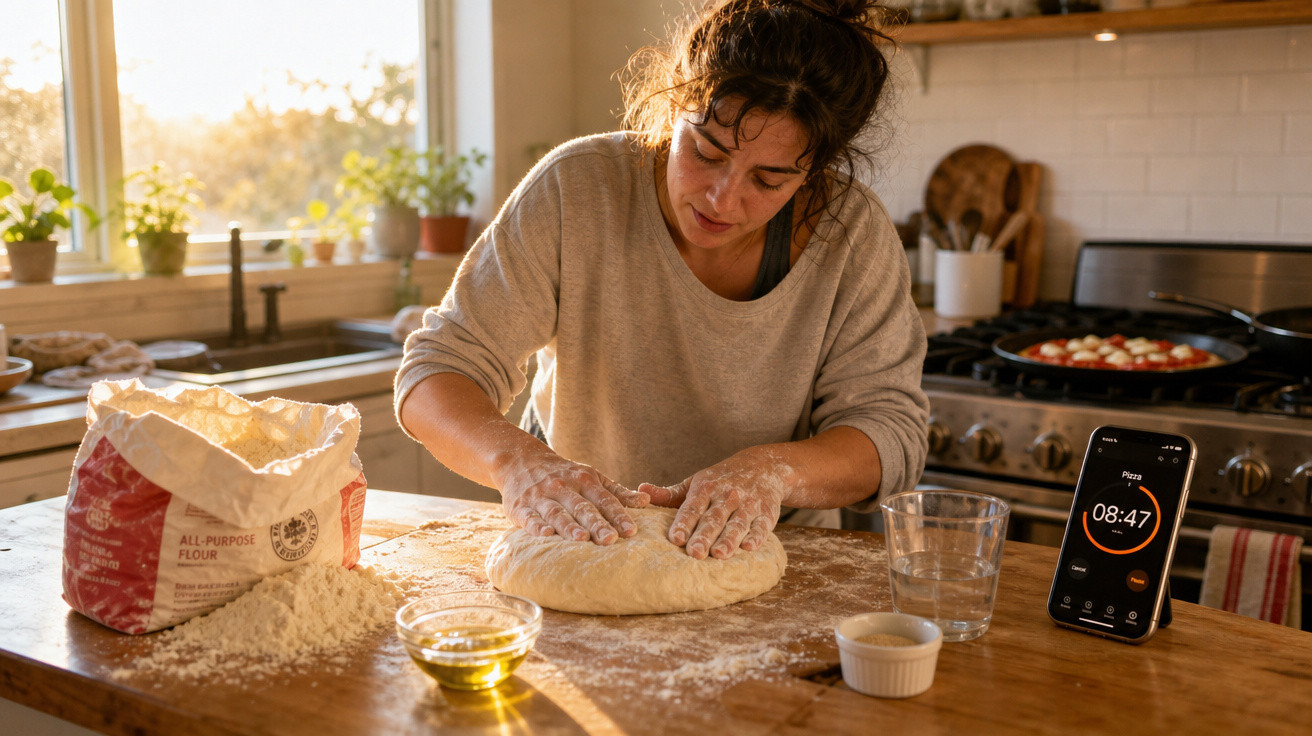 Mulher amassando massa de pizza em cozinha com ingredientes e temporizador no celular.