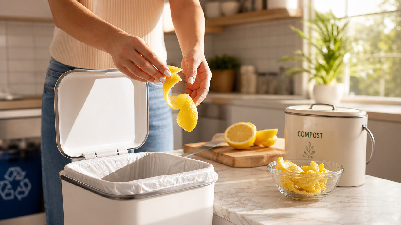 Pessoa descartando casca de limão em recipiente para compostagem na cozinha iluminada pelo sol.