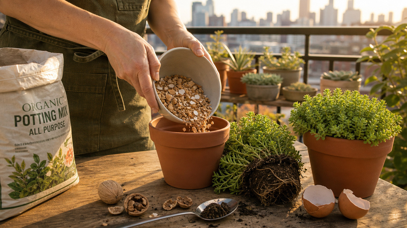 Pessoa colocando argila expandida em vaso para plantar suculentas em varanda com vista urbana ao fundo.