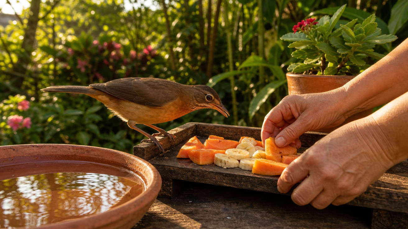 Pássaro se alimentando de pedaços de frutas em bandeja enquanto pessoa ajeita a comida no jardim.
