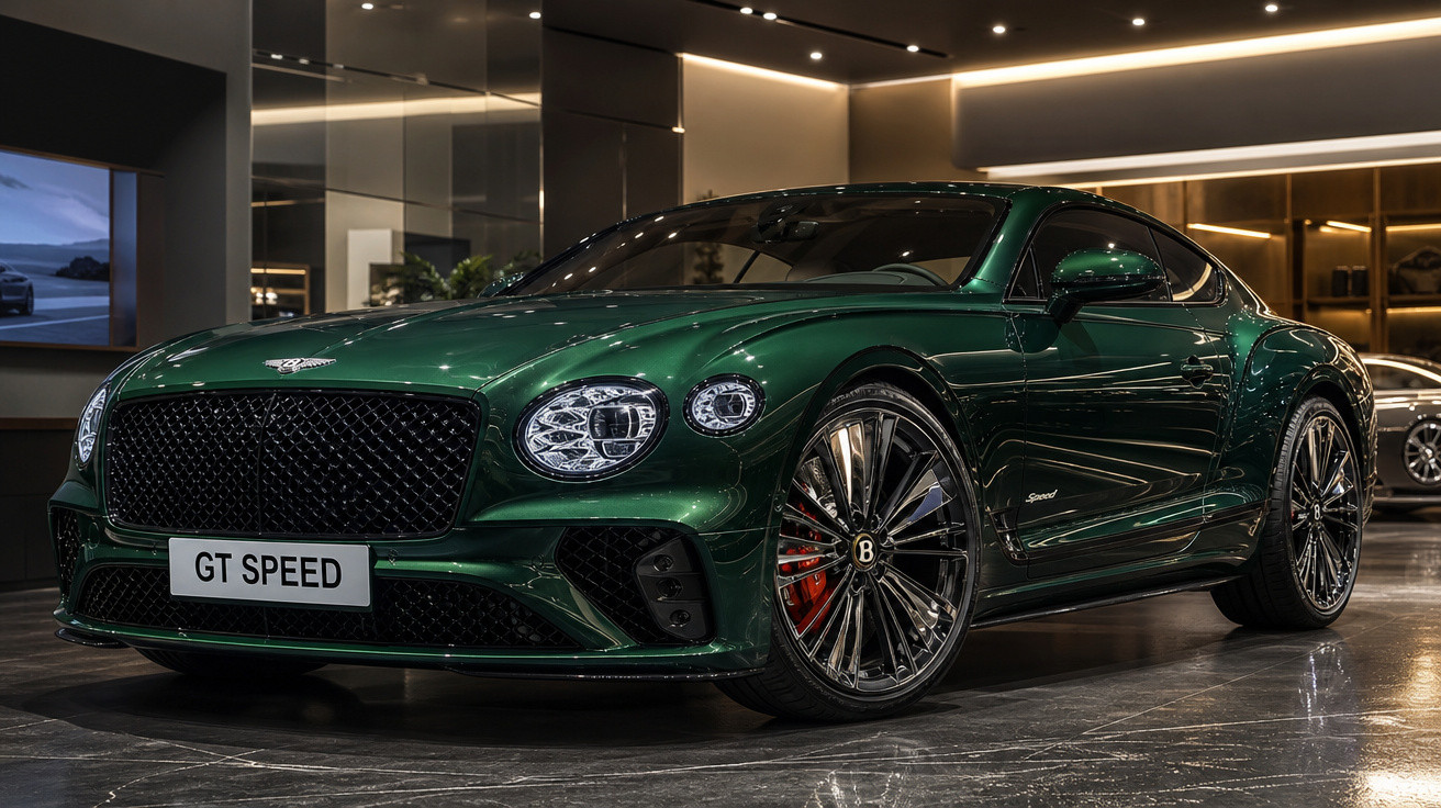Carro esportivo Bentley GT Speed verde exibido em showroom moderno com iluminação ambiente.
