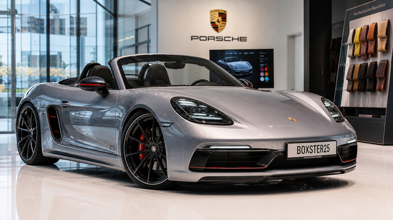 Carro conversível Porsche Boxster prata em showroom moderno com amostras de couro na parede.