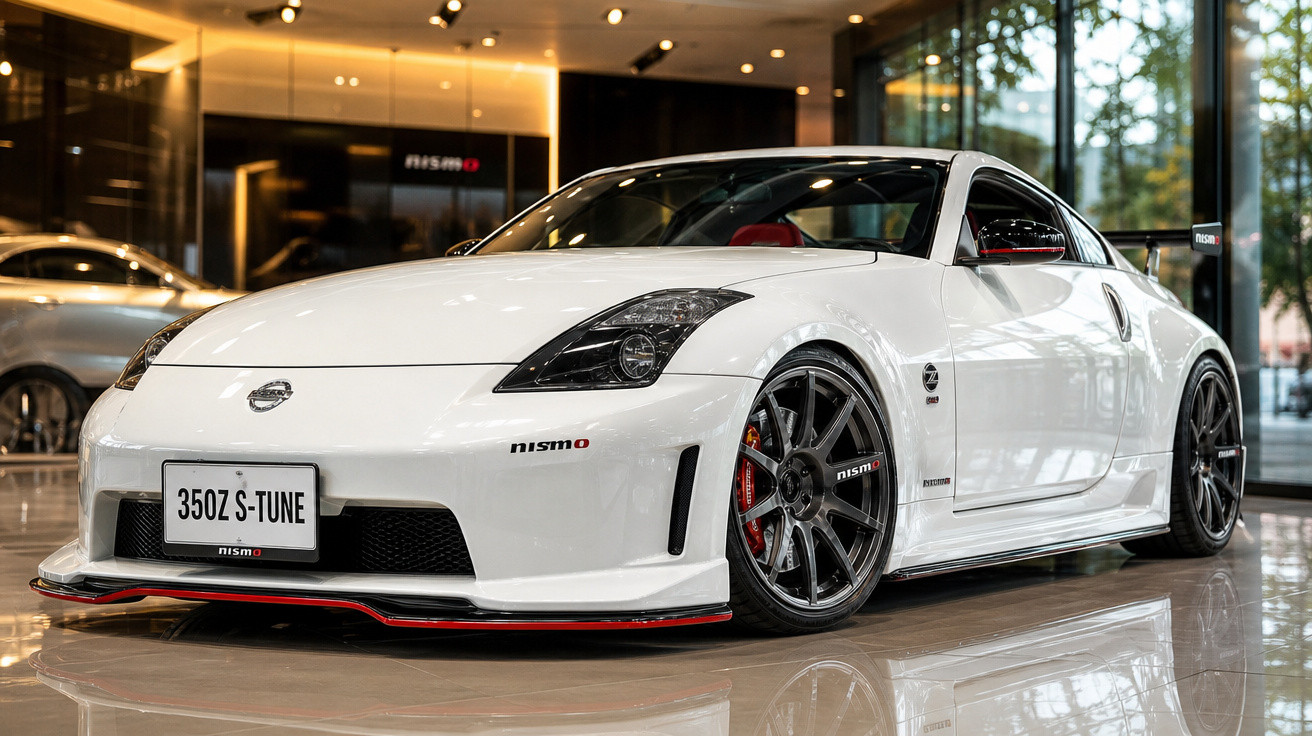 Carro esportivo branco Nissan 350Z S-Tune com detalhes Nismo exposto em showroom moderno.