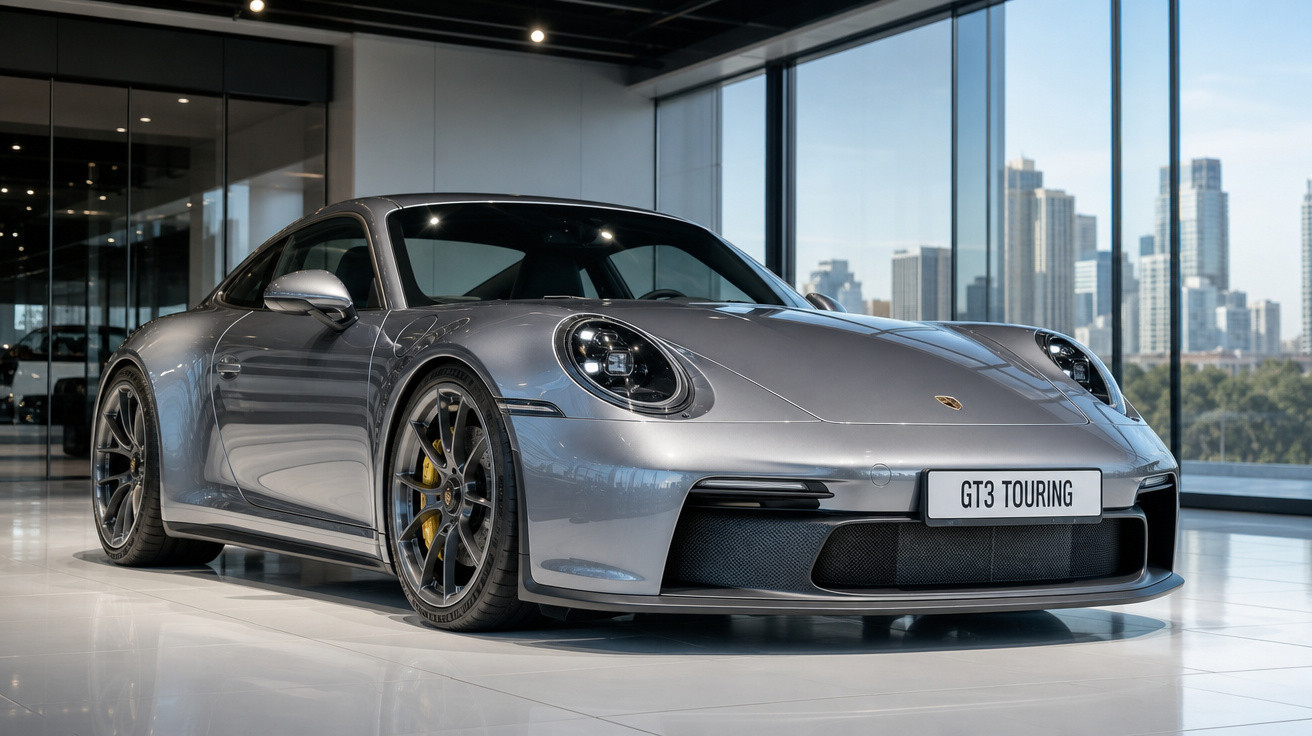 Carro esportivo prata Porsche GT3 Touring em showroom com grandes janelas e vista urbana ao fundo.