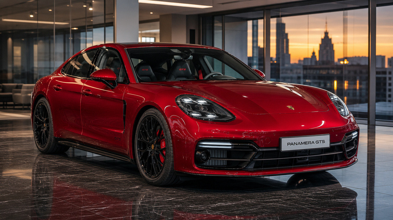 Carro esportivo Porsche Panamera GTS vermelho em showroom com piso de mármore e vista da cidade ao pôr do sol.