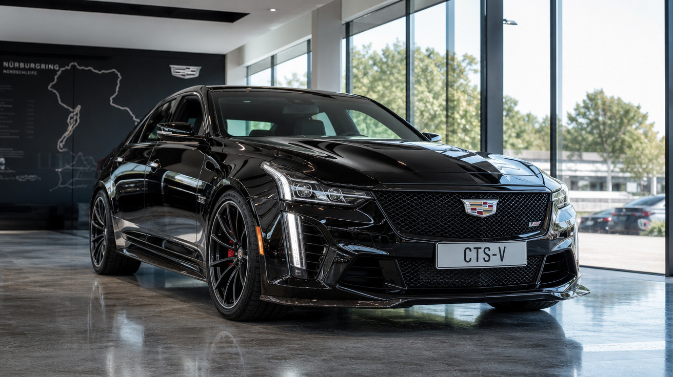 Carro esportivo preto Cadillac CTS-V em exposição dentro de showroom moderno com grandes janelas.