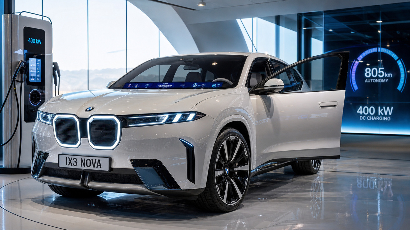 Carro elétrico BMW iX3 branco em showroom com porta dianteira aberta e carregador conectado.