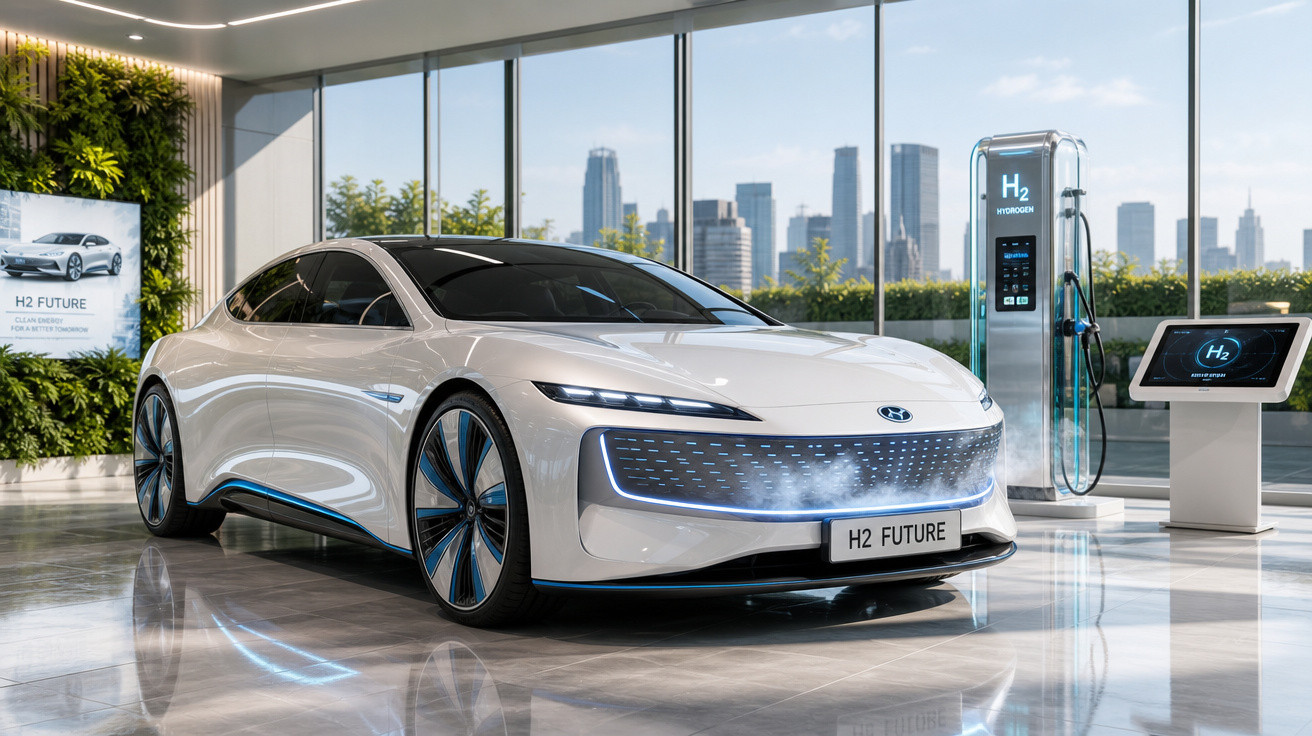 Carro conceito branco movido a hidrogênio com design futurista em showroom moderno e urbano.