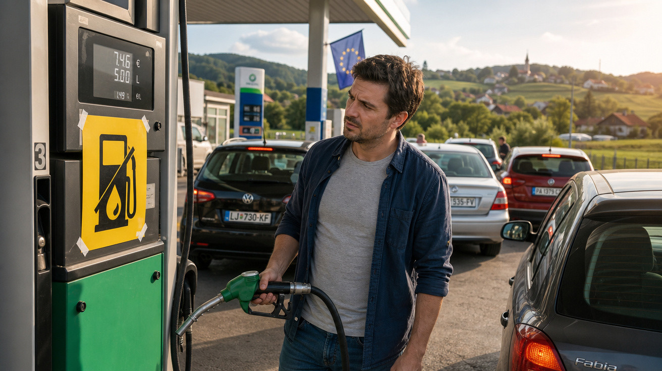 Homem com camisa azul abastecendo carro em posto de gasolina ao ar livre com montanhas ao fundo.