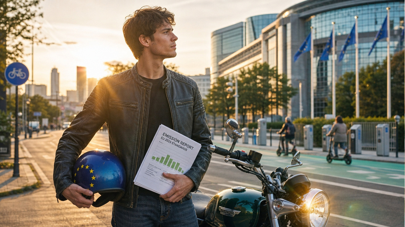 Jovem segurando capacete com bandeira da UE e relatório de emissões ao lado de moto em rua urbana ao pôr do sol.