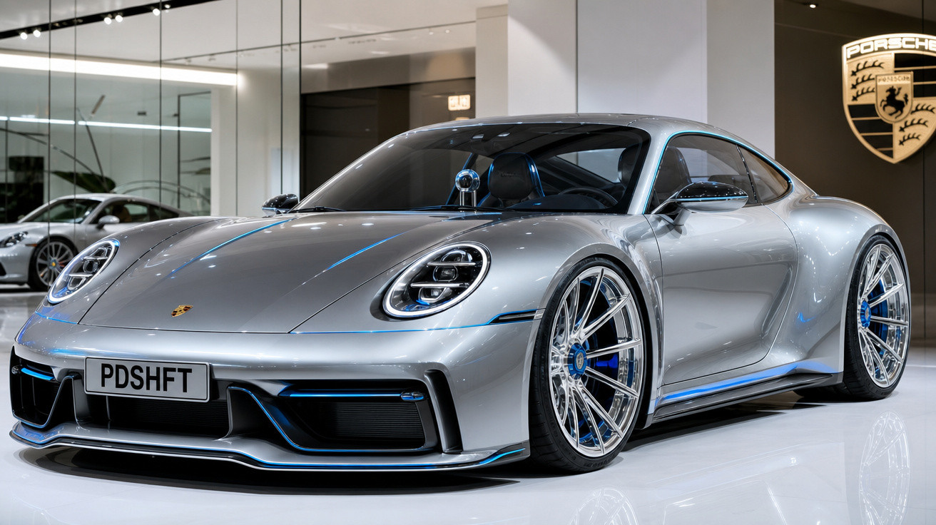 Carro esportivo prata estacionado em showroom da Porsche com detalhes em azul e rodas brilhantes.