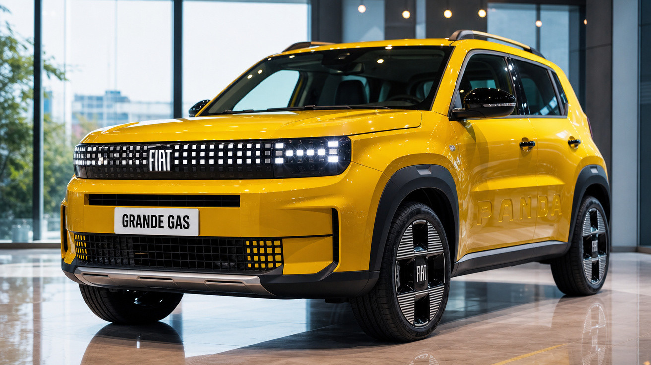 Carro elétrico SUV Fiat Panda amarelo exibido em ambiente interno com design moderno e faróis de LED.