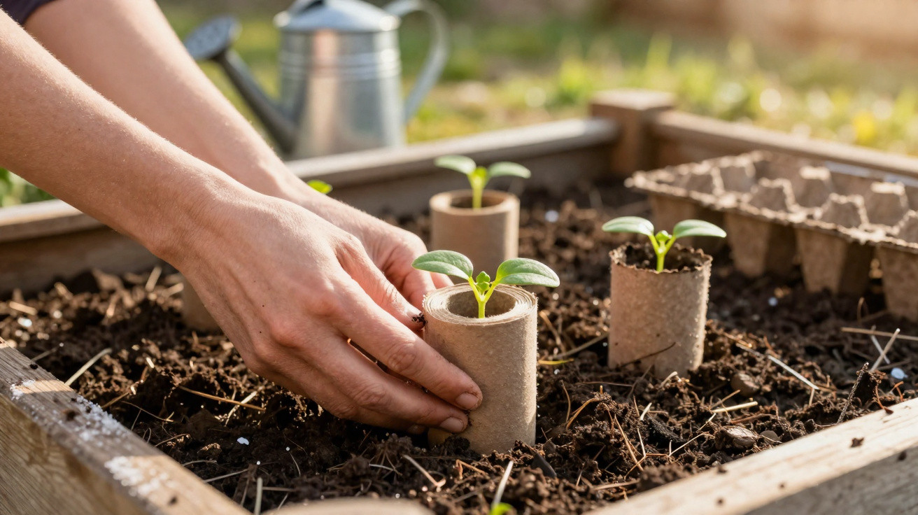 Mãos plantando mudas em pequenos tubos de papel biodegradável em uma horta ao ar livre.
