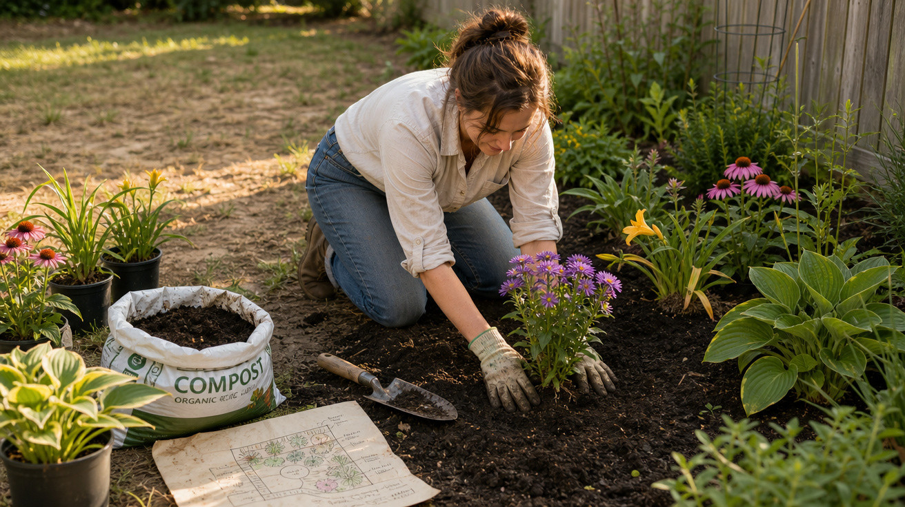 Mulher ajoelhada plantando flores em jardim com luvas, pá, plantações e saco de composto.