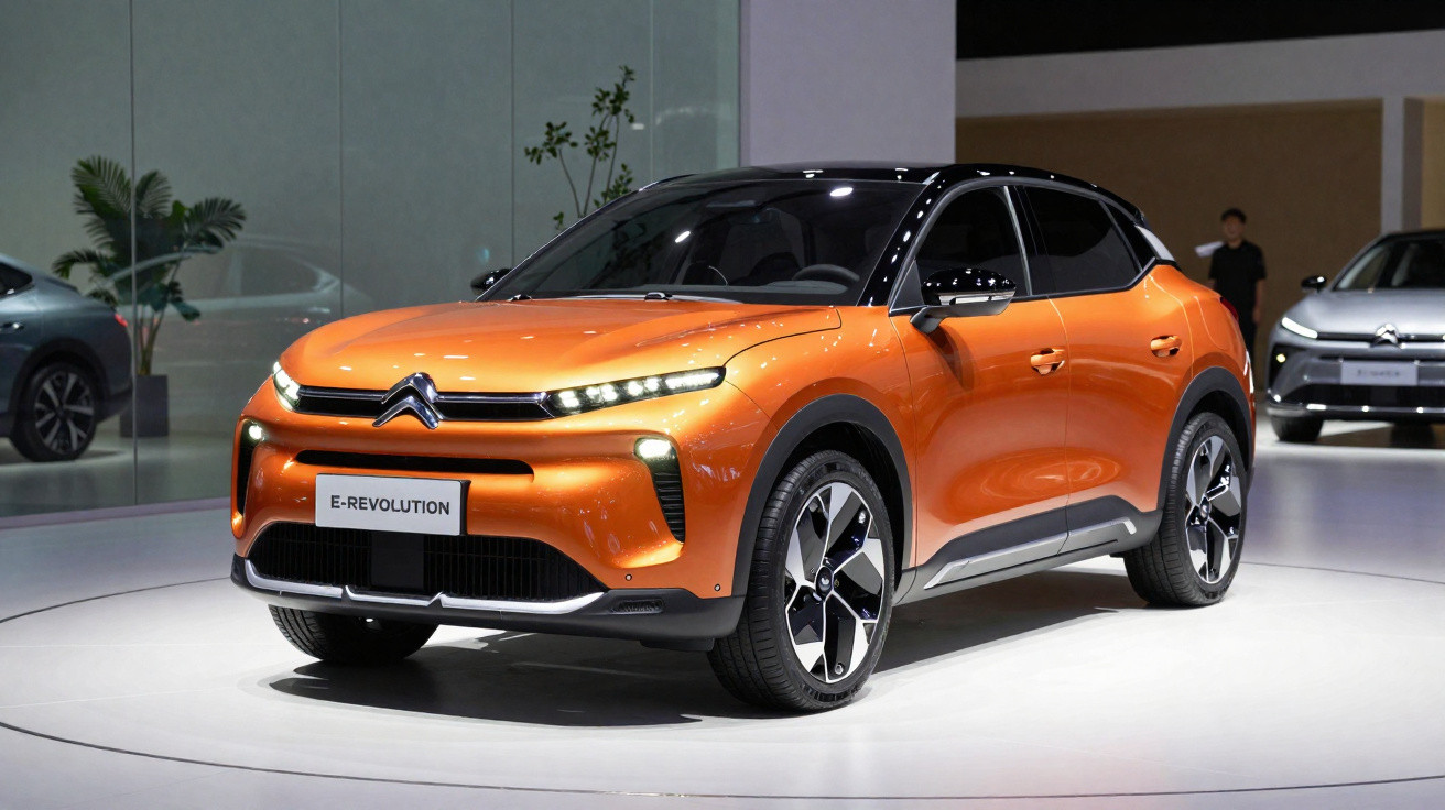 Carro elétrico Citroën E-Revolution na cor laranja exposto em salão automotivo.