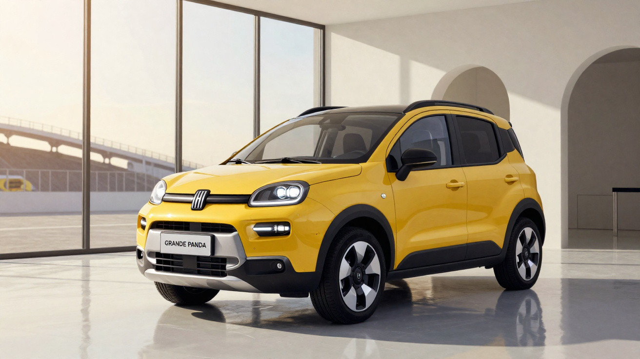 Carro SUV compacto amarelo Fiat Grande Panda estacionado em ambiente interno moderno com parede de vidro.