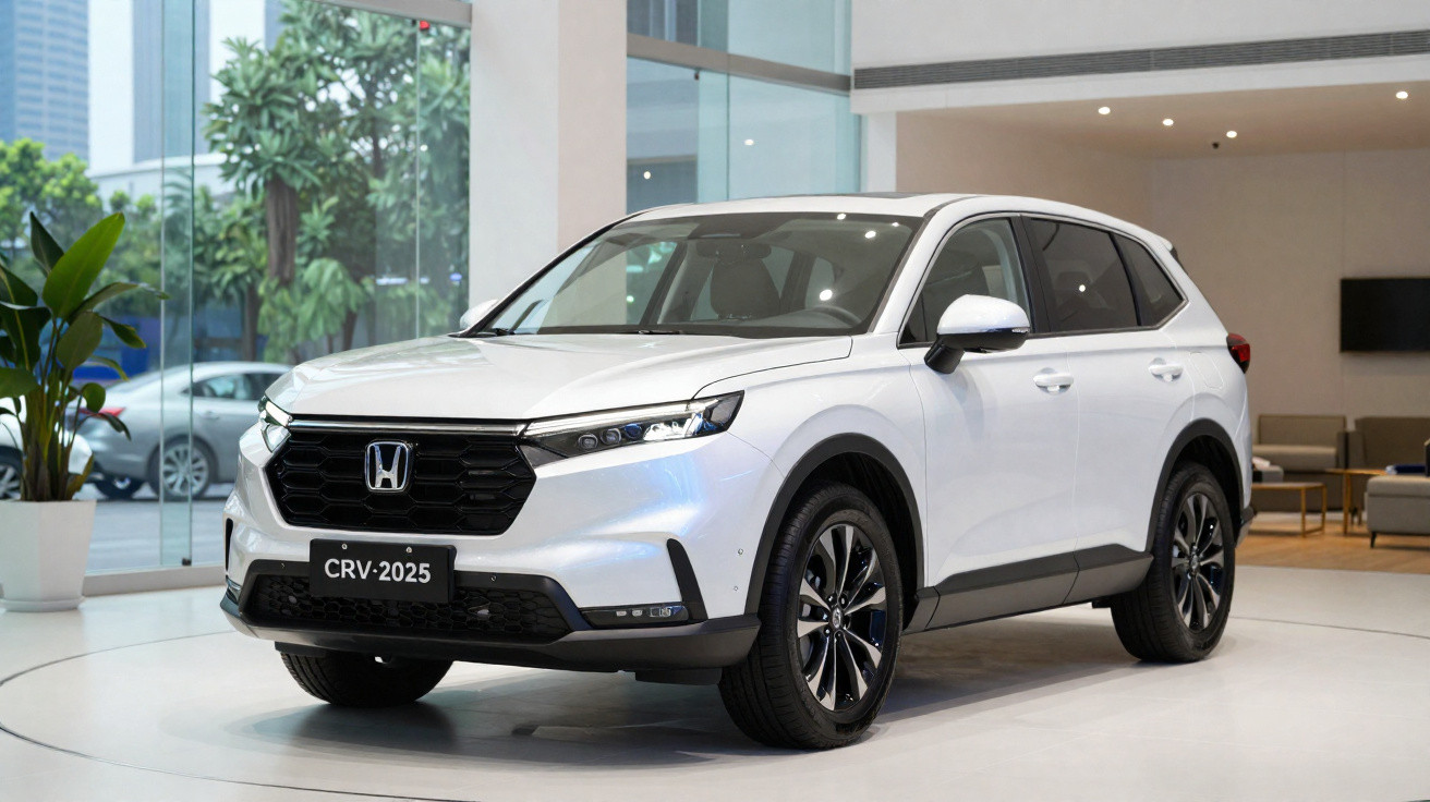 SUV Honda CR-V 2025 branco exibido em showroom com ambiente moderno e plantas ao fundo.