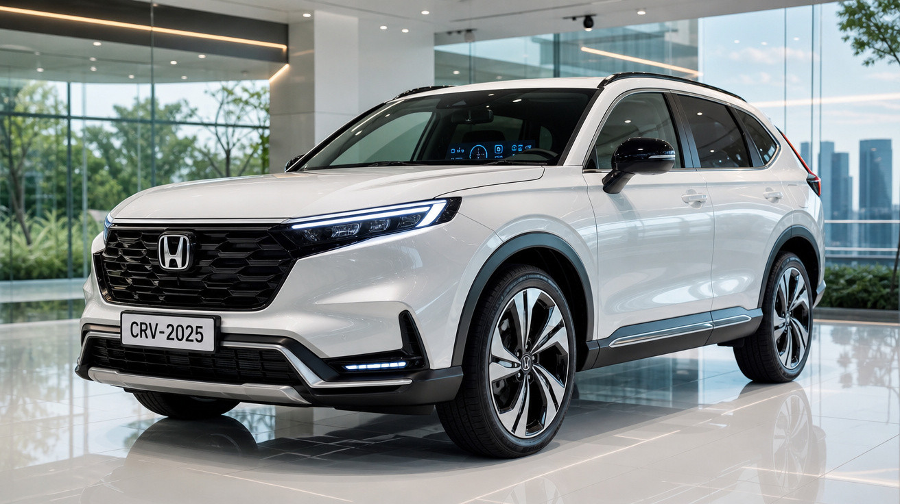 Carro SUV branco Honda CRV 2025 exposto em showroom com vidros amplos ao fundo.