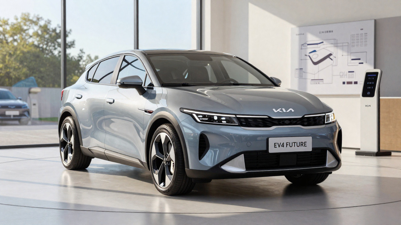 Carro elétrico cinza KIA EV4 FUTURE em exposição interna com carregador ao fundo.