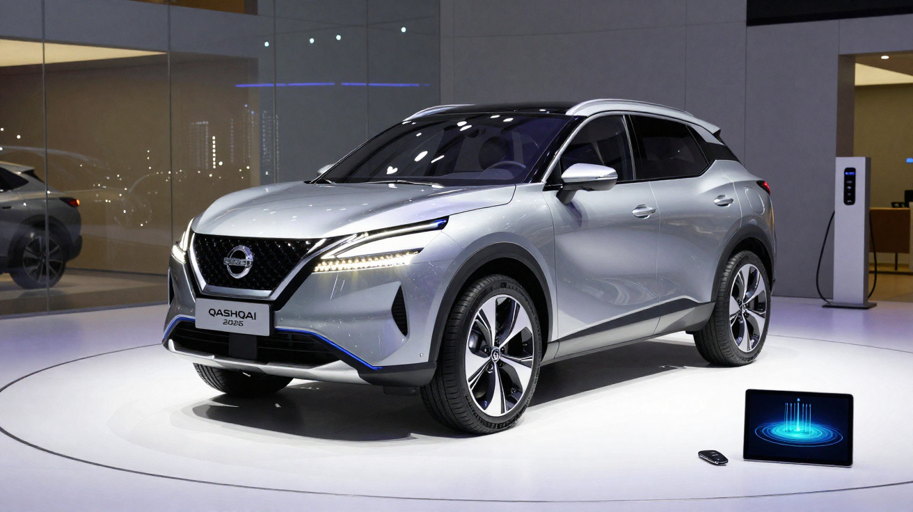 SUV prata Nissan Qashqai 2025 exibido em palco branco com carregador elétrico ao fundo.