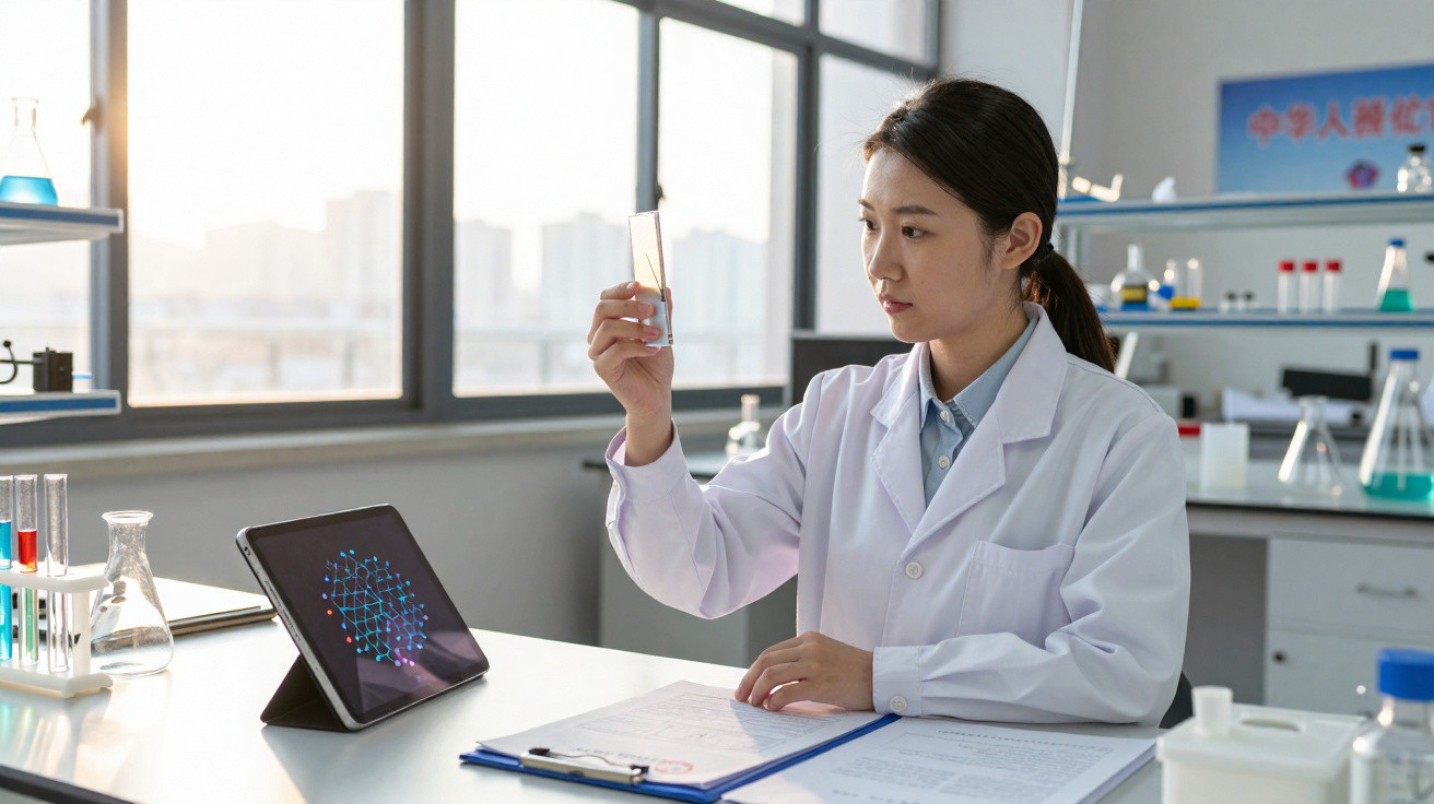 Mulher cientista analisando amostra líquida em laboratório com tablet e equipamentos ao redor.
