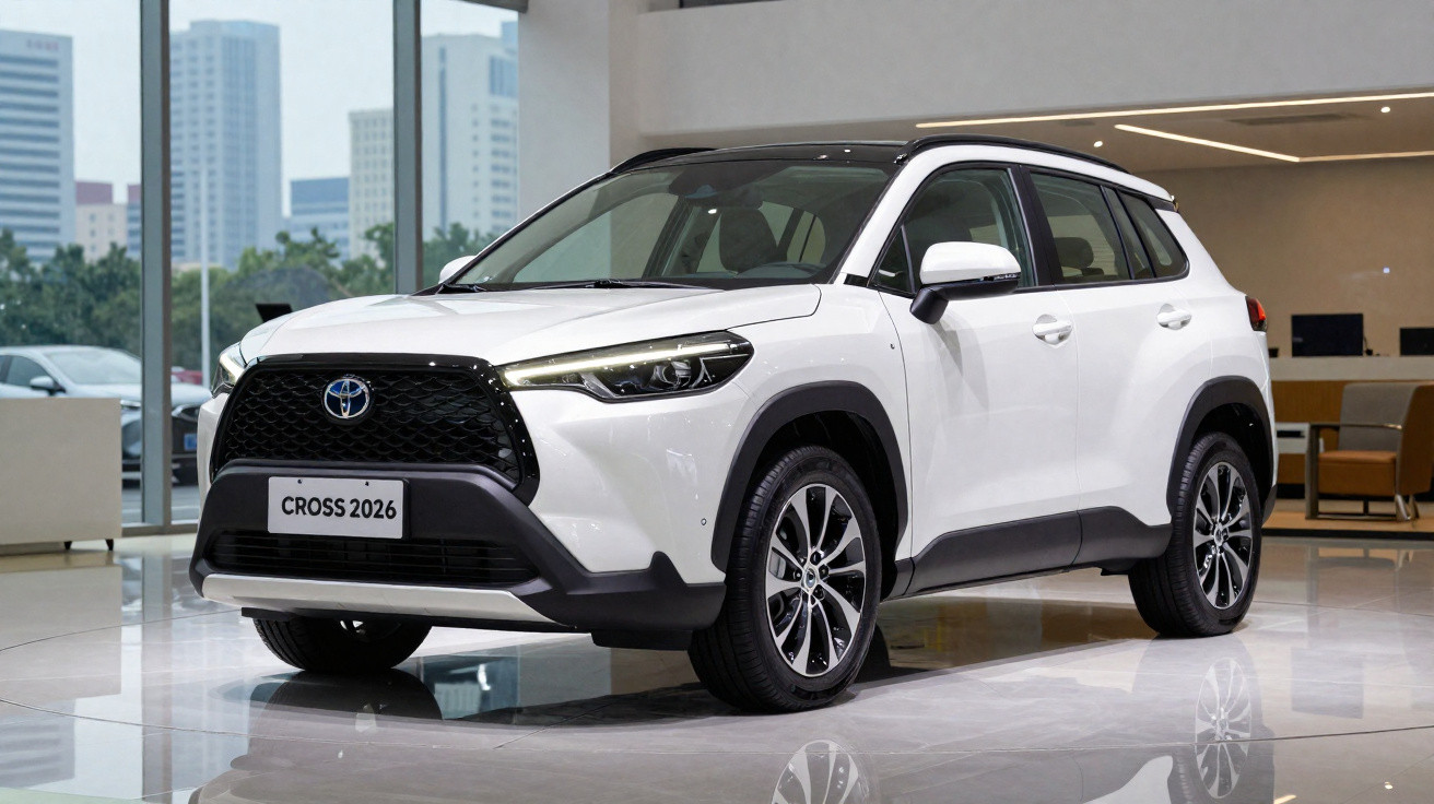 SUV Toyota Cross 2026 branco em showroom moderno com detalhes em preto e rodas aro 17.