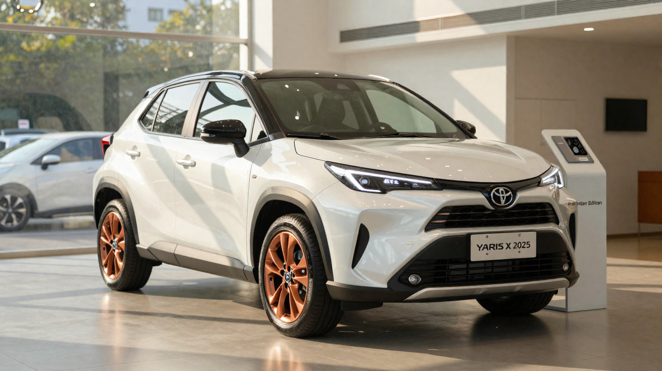 Carro branco Toyota Yaris X 2025 exibido em showroom com rodas de liga leve na cor cobre.